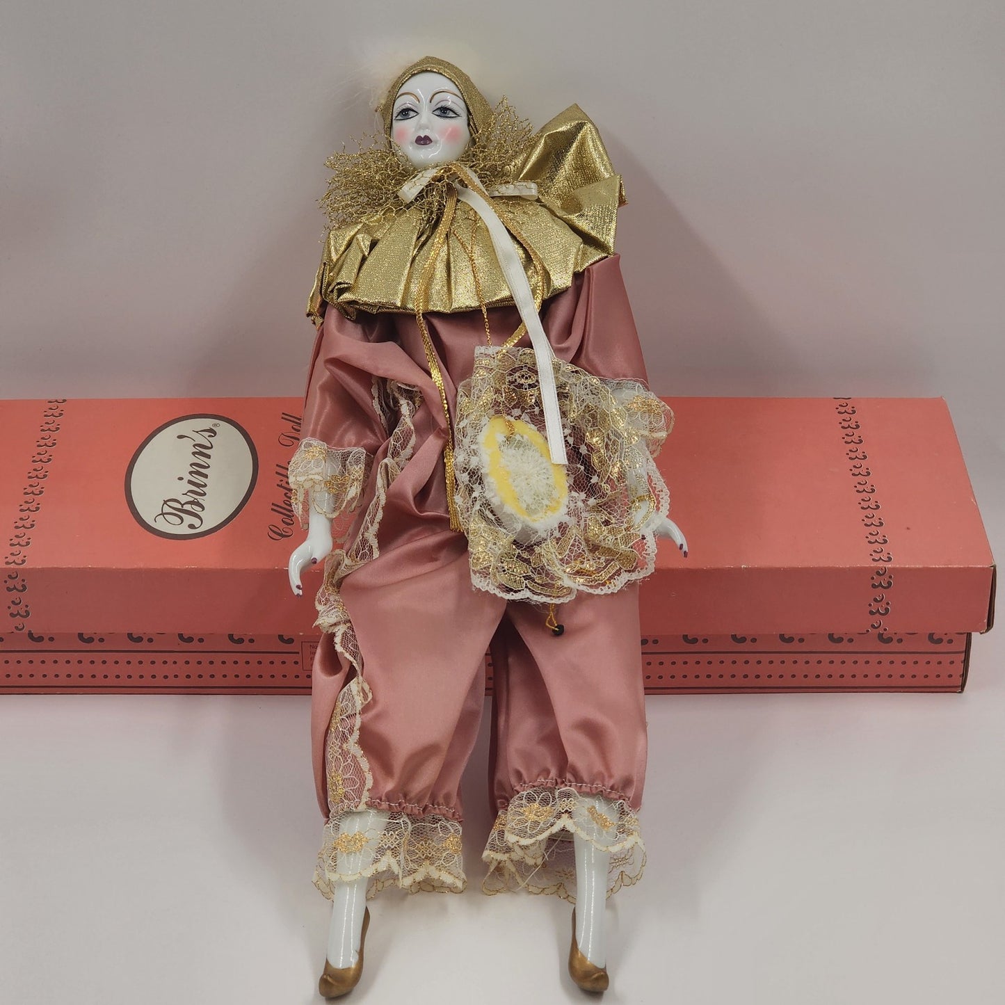 Brinn's Harlequin Porcelain Doll Mardi Gras Clown Mauve & Gold 17" 1991 COA VTG