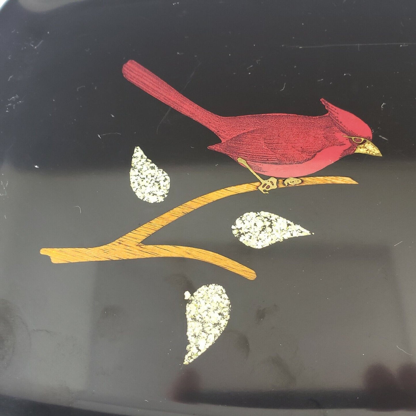 Unique Couroc of Monterrey Black Lacquer Tray with Red Cardinal Branch 12½”x 9½"