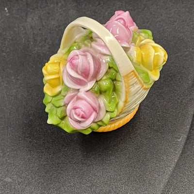 Porcelain Basket w Handle 5"h Pink Yellow Rose Bouquet 2 pcs Trinket Box Germany