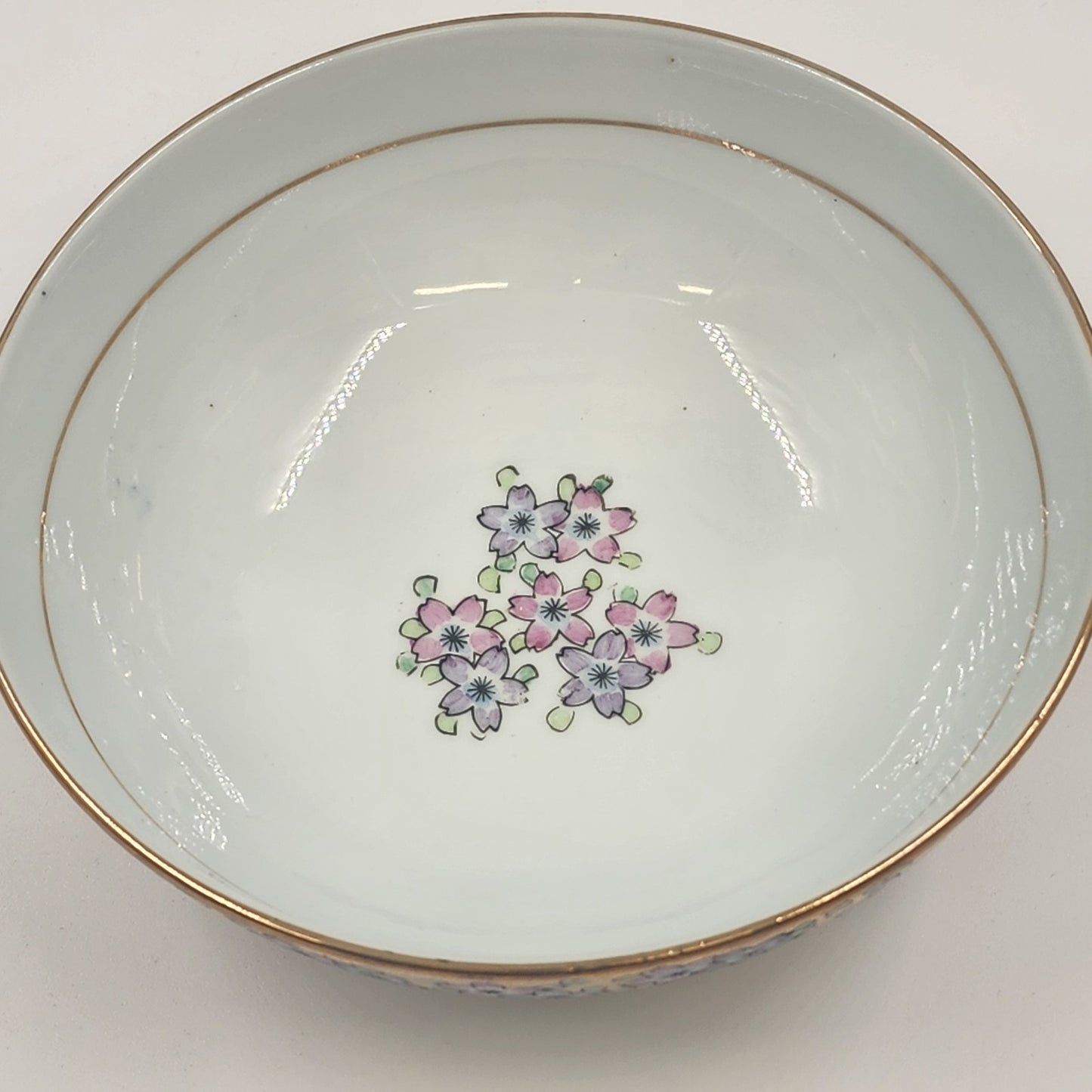 Japanese Imari Porcelain White Serving Bowl Pink Flowers on Gold Field Footed 7"