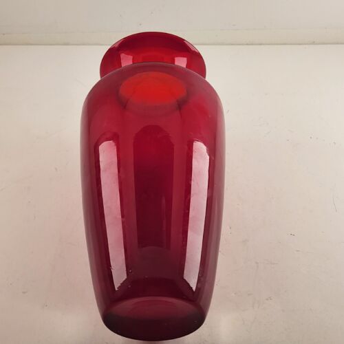 Ruby Red Glass Vase Skinny Ginger Jar Shaped Clear Base 4.5"x9.5"