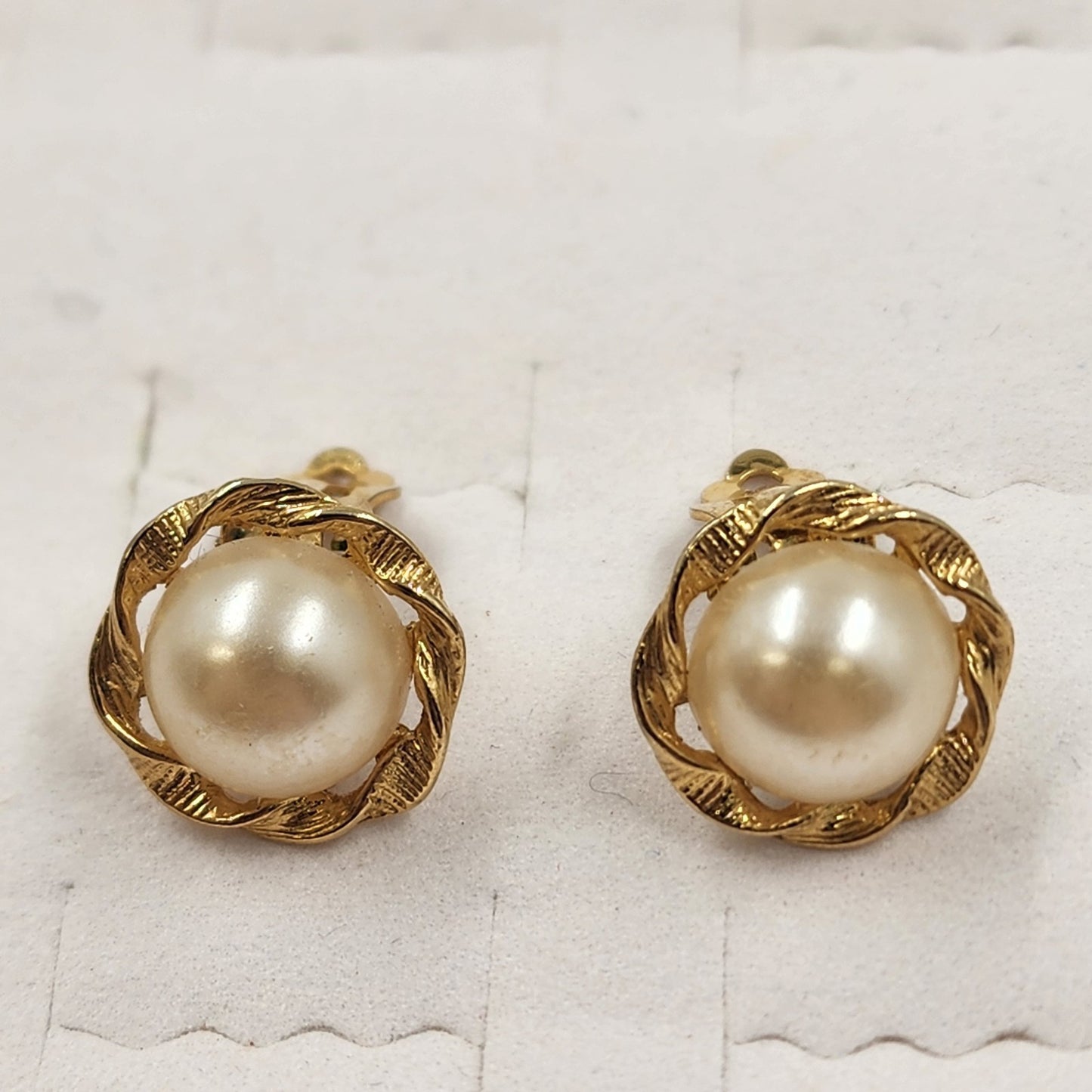 Gold Tone Clip Earring with White Faux Pearl Half Dome & Twist Design 0.5”