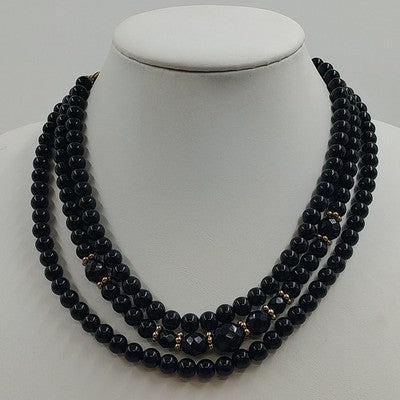 1928 Brand Three Strand Round Black Beads w Gold Tone Enamel Necklace Jewelry