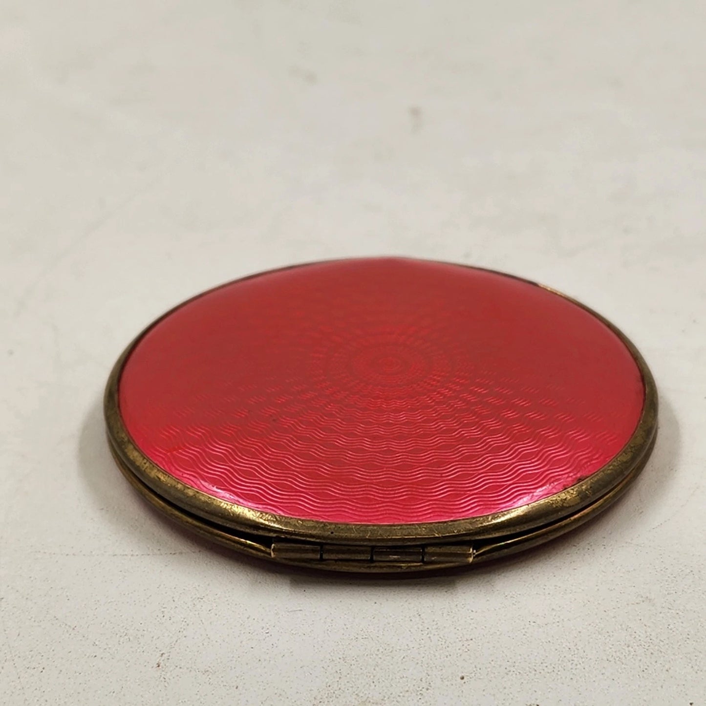 Guilloche Enamel Compact Hot Pink Red Mirror Brass Rim West Germany