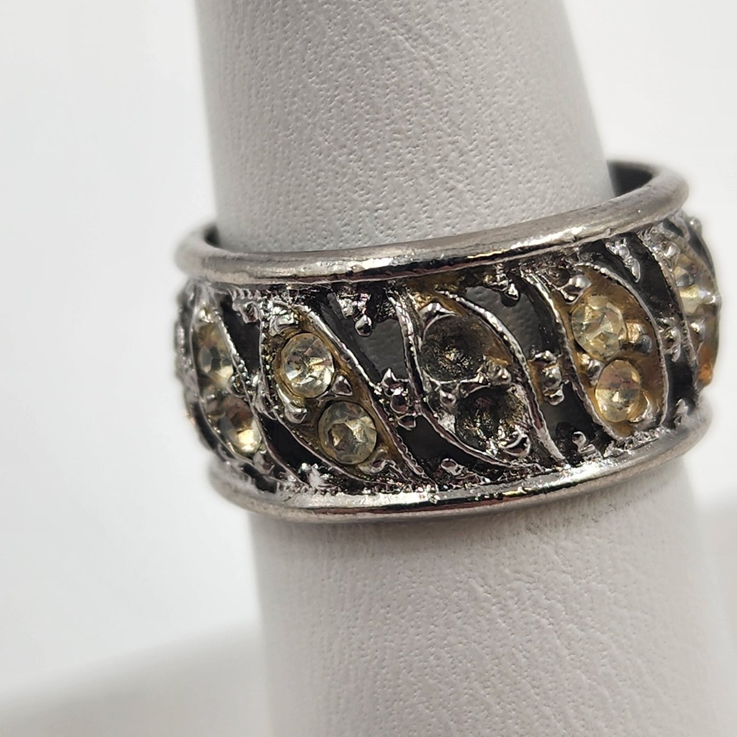 Silver Tone Eternity Ring with Clear Crystal Yellow Rhinestone Size 7 Vintage