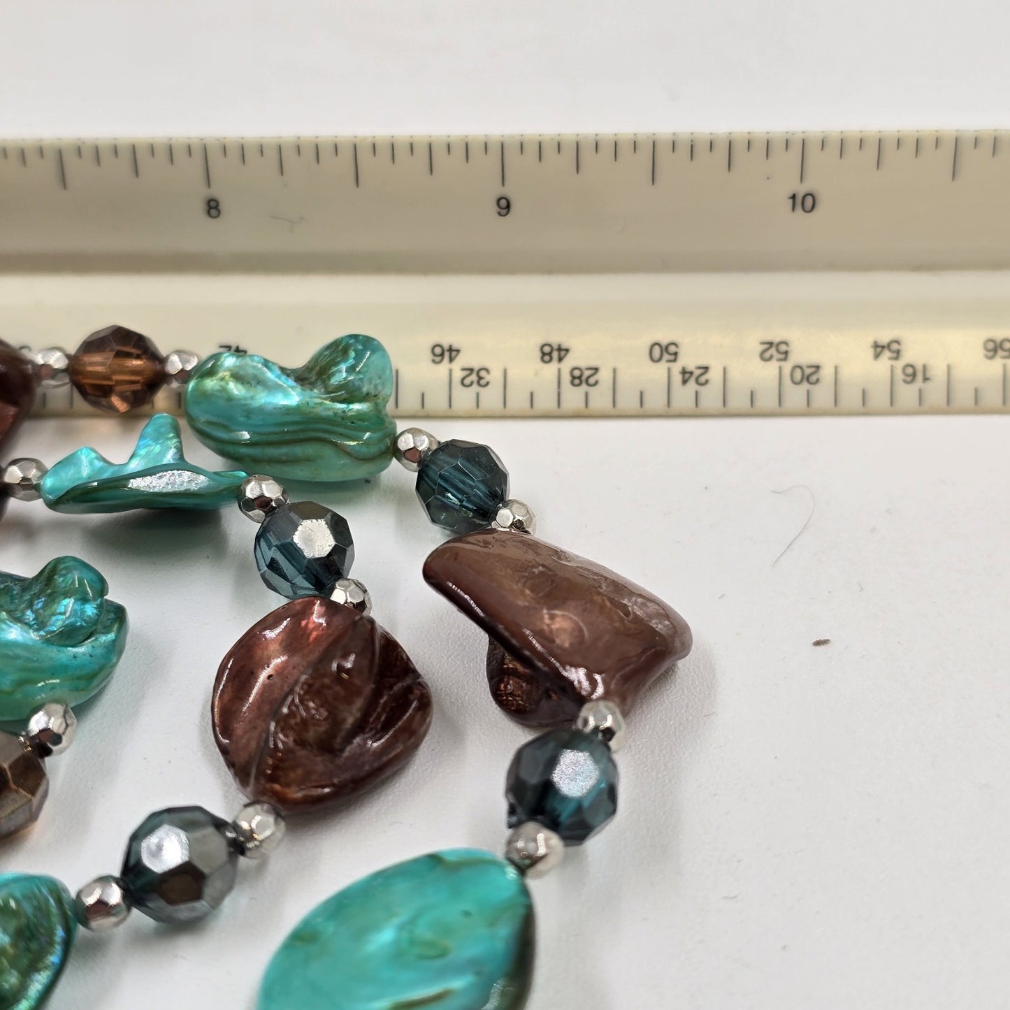 Triple Strand Necklace in Brown Turquoise Glass Beads Bohemian Silver Tone Chain