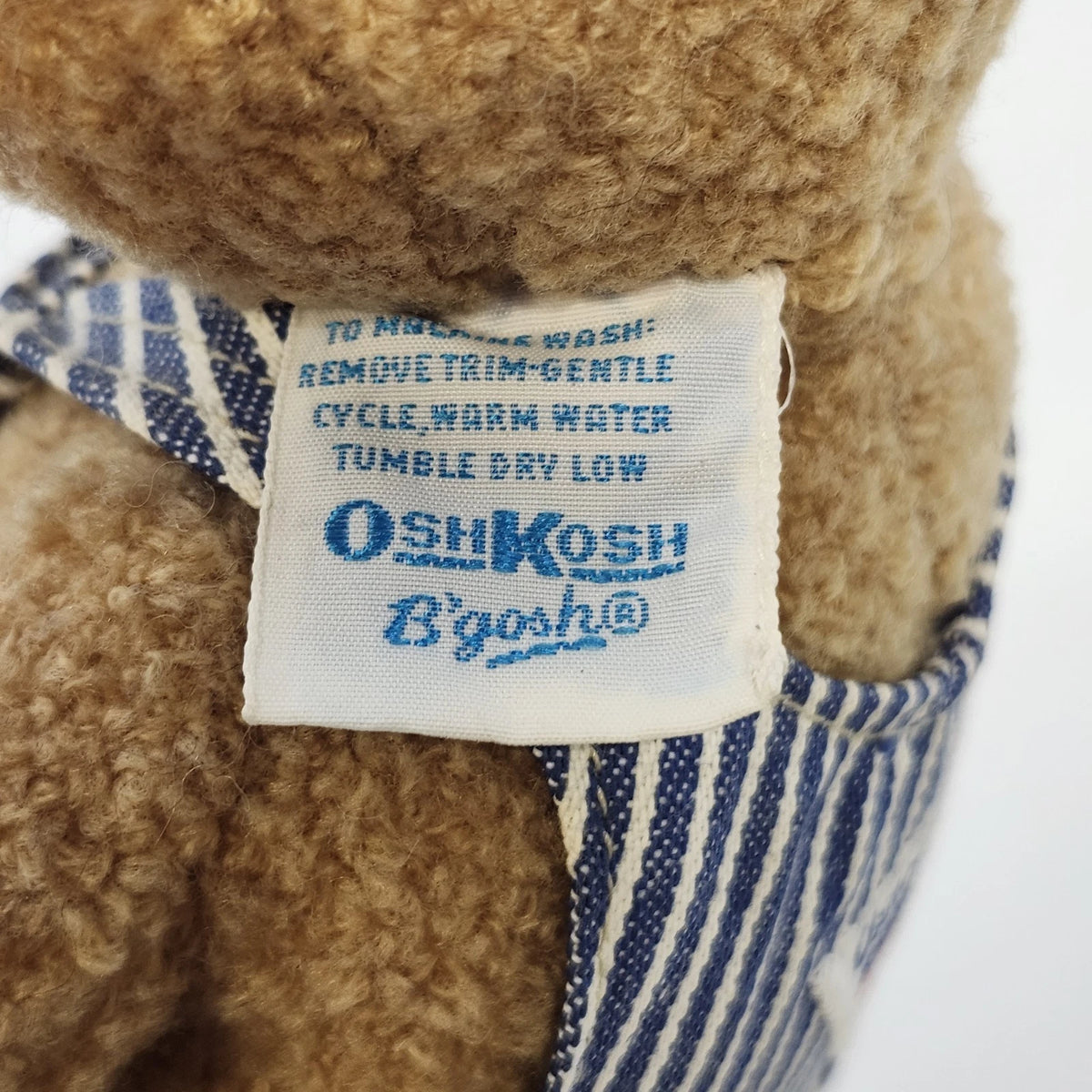 OshKosh B'gosh Teddy Bear Stuffed Plush Hickory Stripe Overalls 12" Vintage 1987