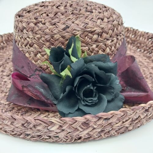 Purple Woven Straw Sun Hat Bow with Black Rose Grosgrain Floral Flower Band 15"