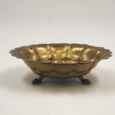 Art Deco Ornate Three-Footed Brass Round Bowl Scalloped Edge Vintage 6.75"