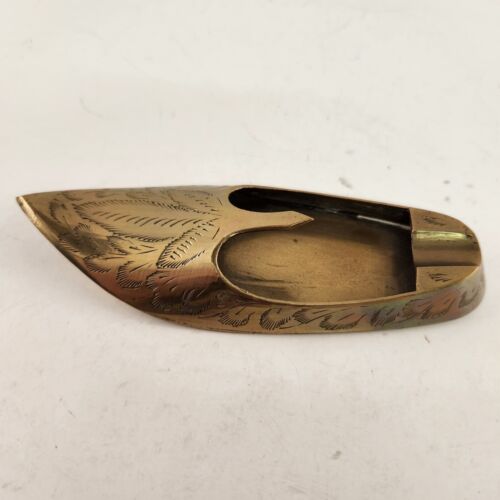 Brass India Shoe Asian Slipper Ashtray Vintage Etched Engraved NOS Unused 5.5" L