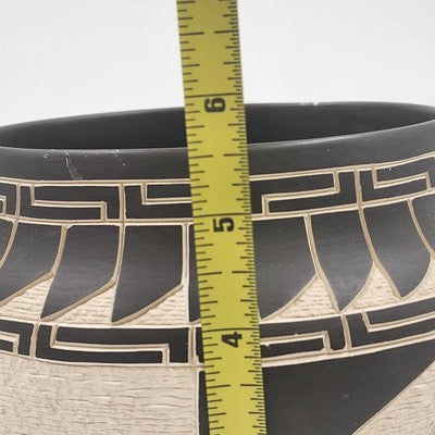 Laguna Pueblo Pottery Vase Bowl 7" Black White Heartline Deer Signed Lucario