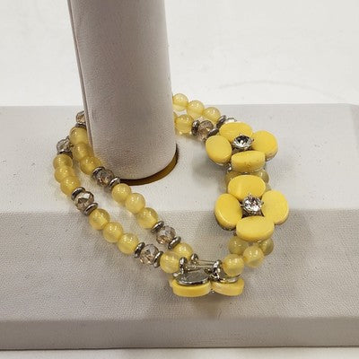 Yellow Faux Pearl & Flower Disc w Rhinestone Motif Double Strand Bracelet 3.75"