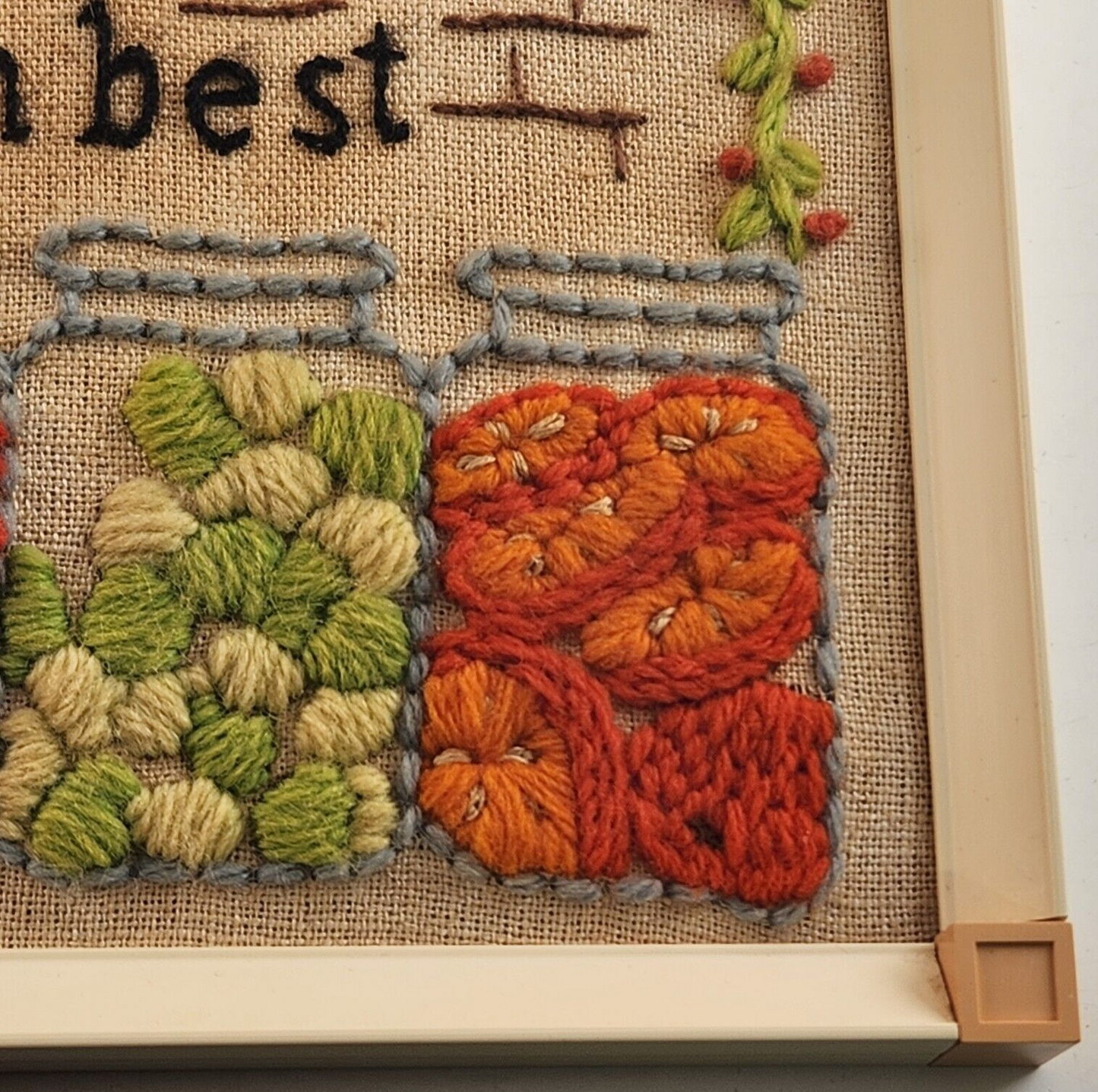 Framed Yarn Needlepoint Crewel Art Retro Kitchen Love 15"x11" MCM 60s Mod