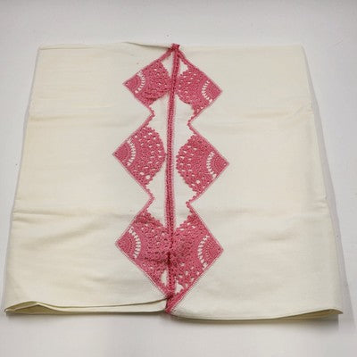 Queen Size Linen Bed Pillow Cases Hand Crocheted Pink Turn of the Century 32.5"