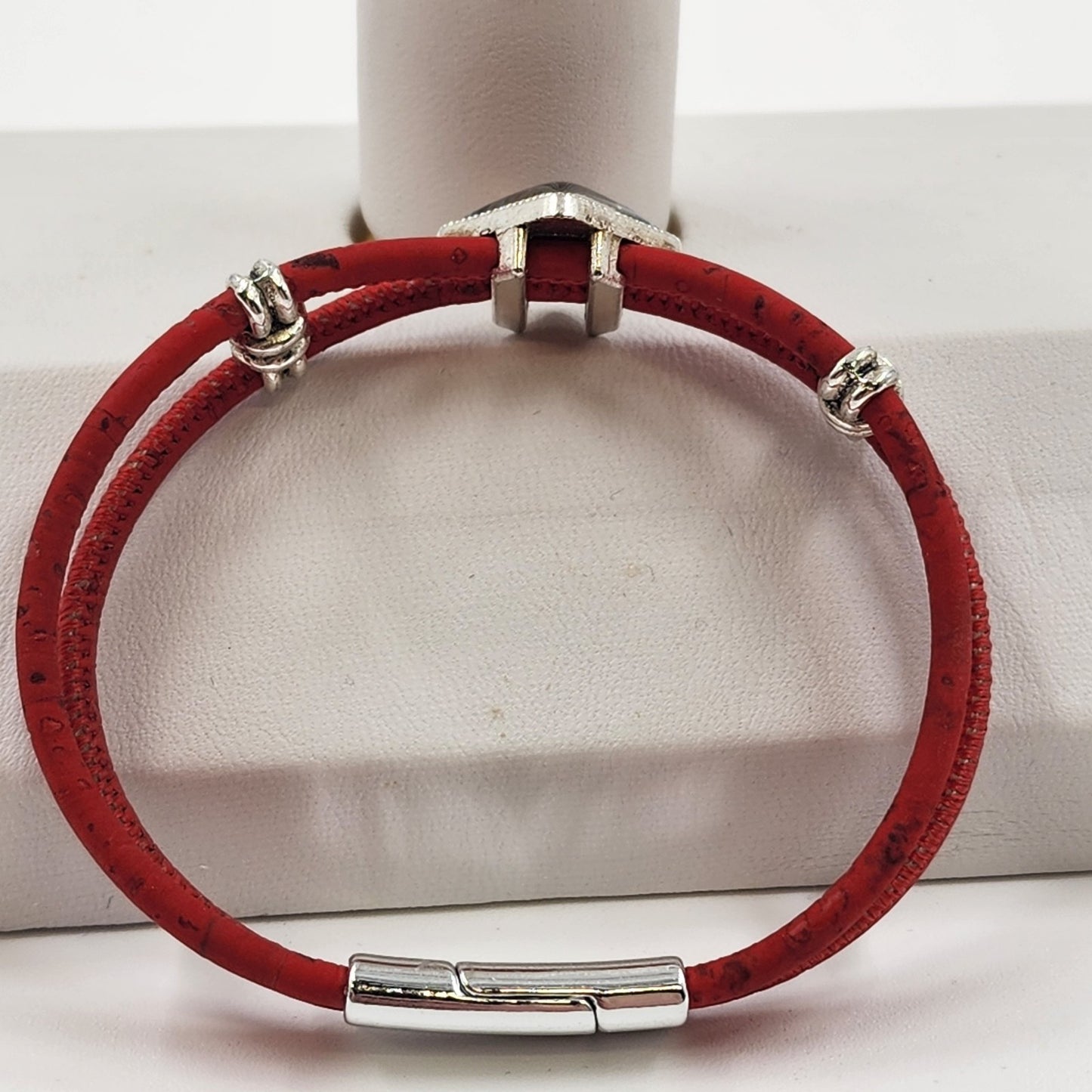 Red Cord Bracelet with Silver Tone Mosaic Slide Charm Boho Jewelry
