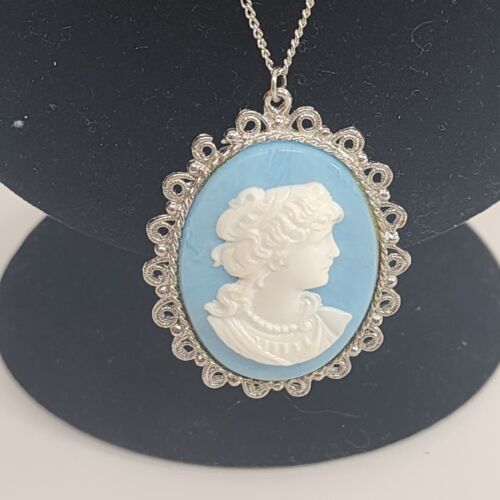 Silvertone Cameo Necklace Blue White Vintage Jewelry 17" chain Costume Filagree