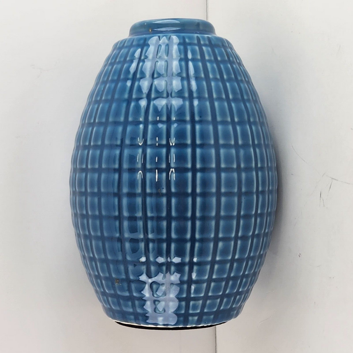 Blue Glazed Vase Geometric Grid Lines Pattern 6" Tall x 1.25" Mouth Rubber Base
