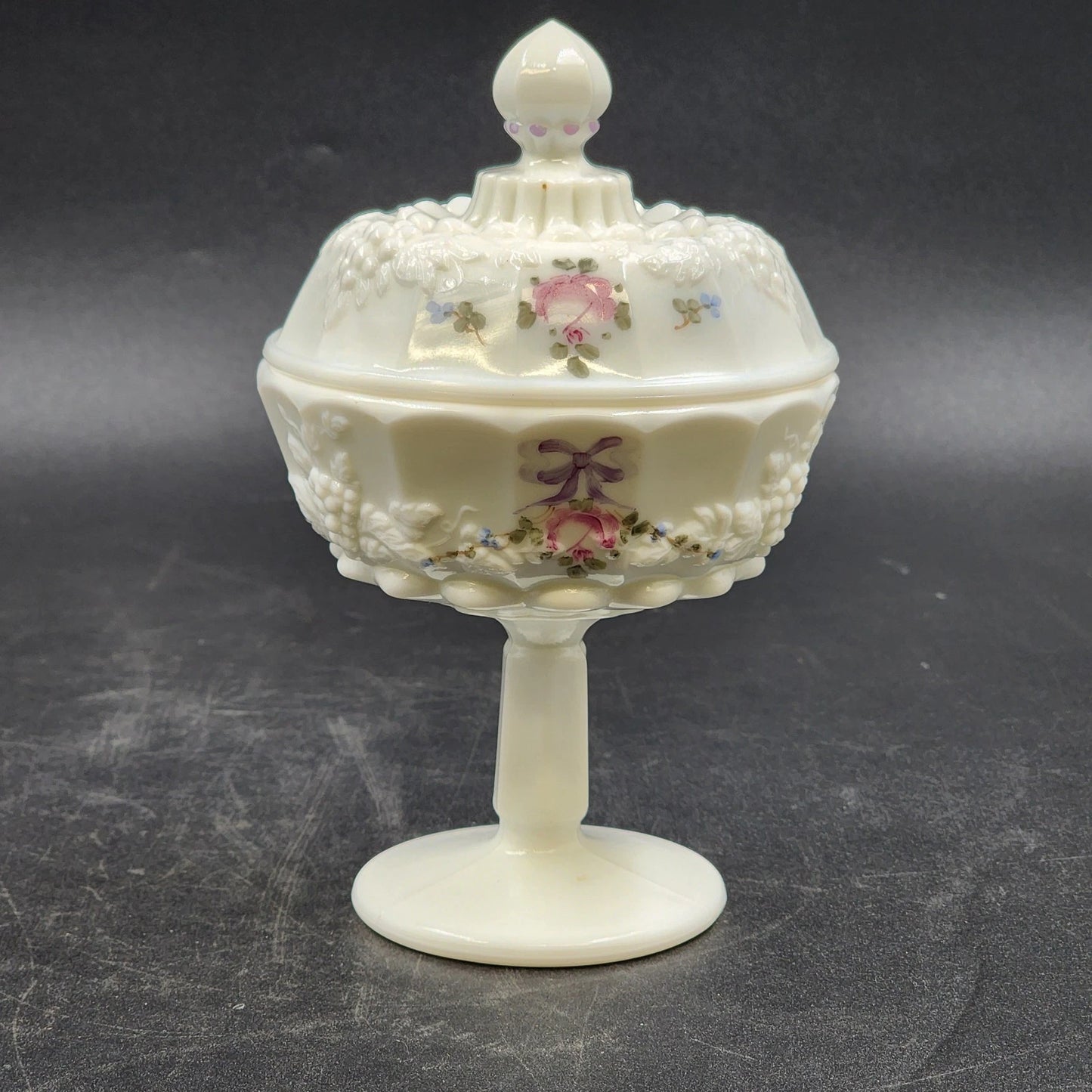 Westmoreland Milk Glass Covered Candy Dish Roses & Bows Paneled Grape 7”