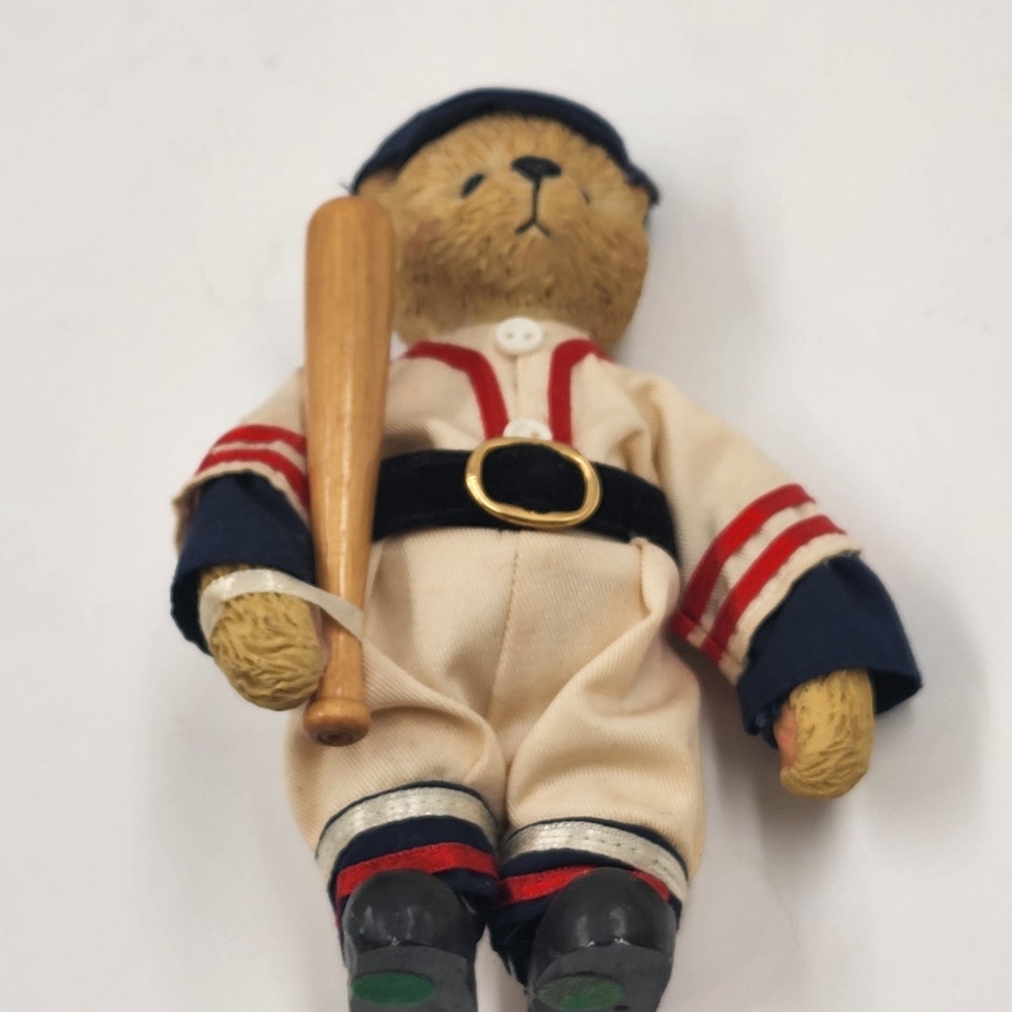 Teddy Bear w/ Red White Blue Baseball Player Uniform & Bat Hat 5.5” Texture Resin