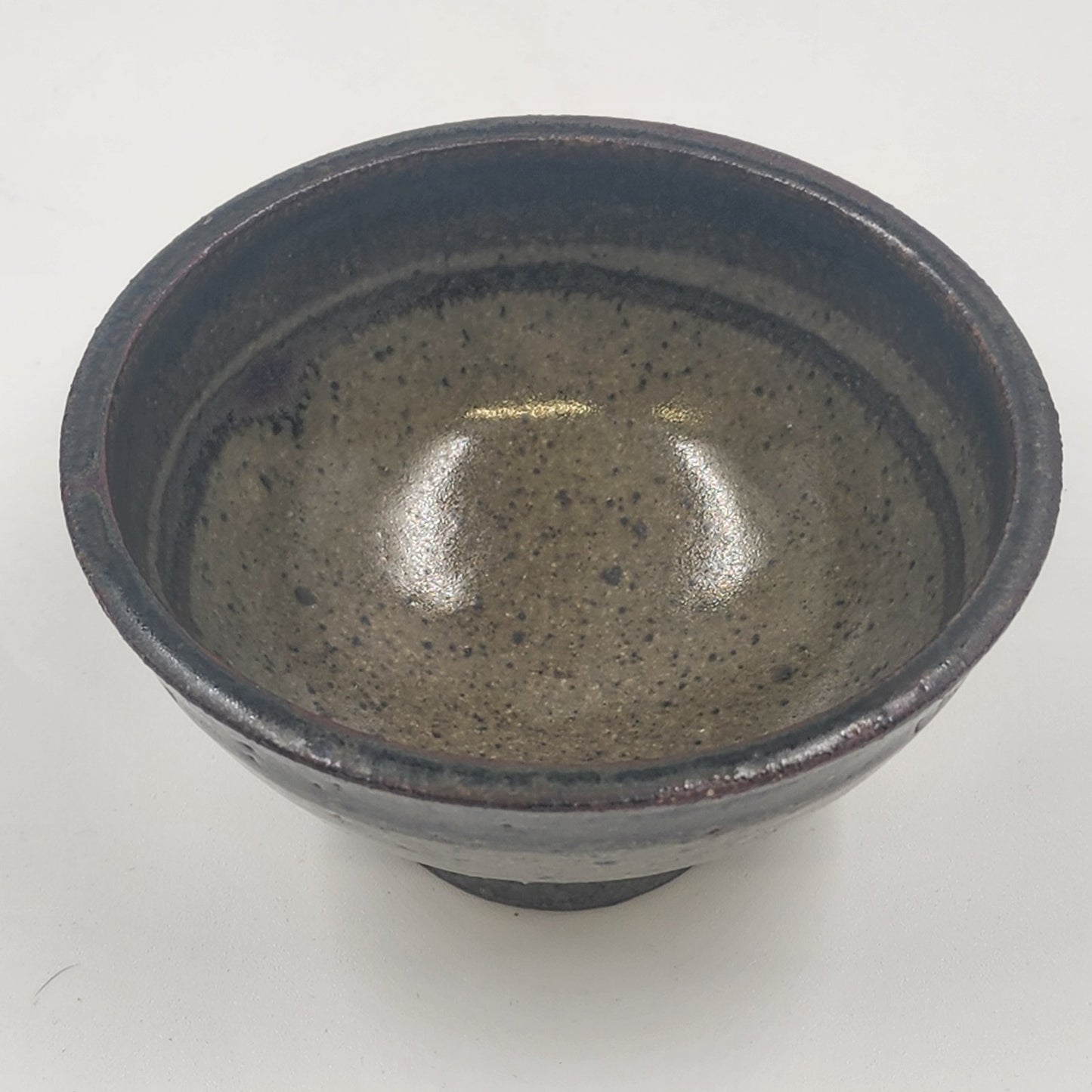 Japanese Rice Soup Bowl Ceramic Brown Green Glazing Footed 4.75" x 2.5" Vintage