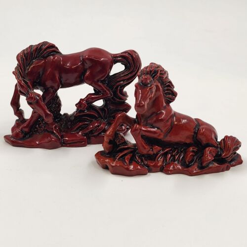 8 Horse Set Qing Feng Chinese Molded Red Resin Horses Sculpture Figurines 3"