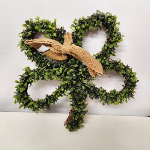 4 Leaf Clover Shamrock Shaped Wreath Plastic Greenery on Grapevine Back Bow 15"