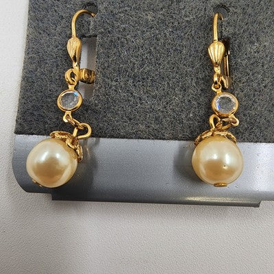 1928 Gold Tone with Chunky Faux Pearl Ball Drop Dangle Earring 1.25" Made in USA