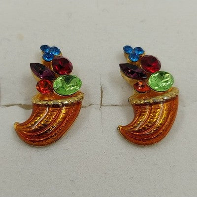 Gold Tone Multi Color Rhinestones Brown Enamel Cornucopia Brooch Lapel Tack Pin