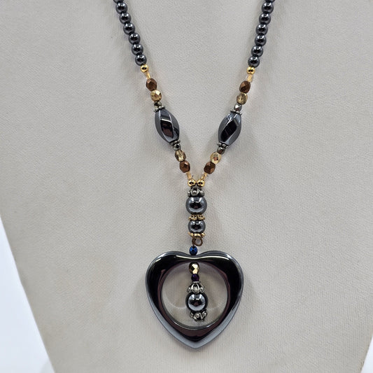 Black Heart Hematite Pendant in Shiny Gray Beads Brown Faux Pearl Necklace