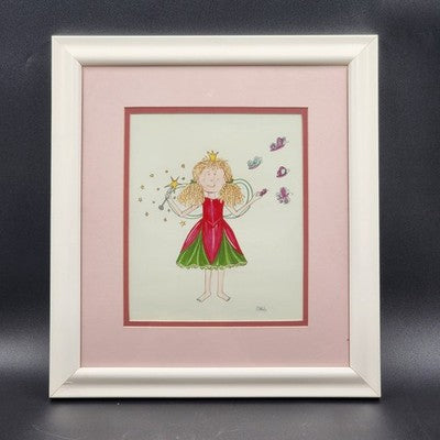 Fairy Tale Princess Painting Print Pink Matting White Frame 14"x16" Vintage Art