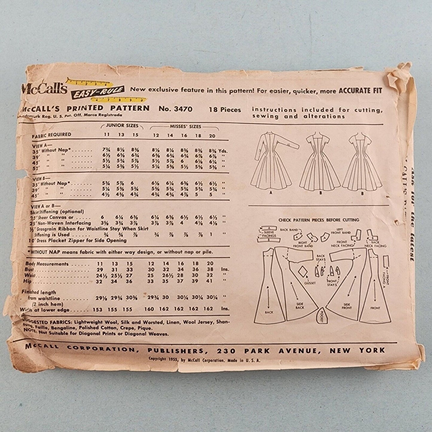 McCall's 3470 Vintage Sewing Pattern Misses and Junior Princess Dress 1955 Sz 18