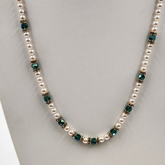 Fashion Faux Pearl Necklace 23” Length Blue & Clear Rhinestones Fishhook Clasp