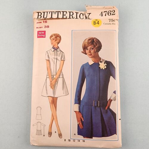 Butterick 4762 Vintage Sewing Pattern '68 Misses 1-Piece Dress Flared Skirt sz16