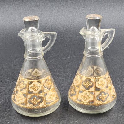 Culver Glass Chantilly Oil & Vinegar Cruet Set w/ Lids Antigua Gold Pattern Vtg