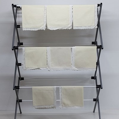 Set of 8 Dinner Napkins in Light Beige Cream w White Lace Edge Trim Linen 15.5"
