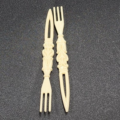Agiftcorp Cocktail Forks with Floral Carved Celluloid Holder Cream Hong Kong 1978
