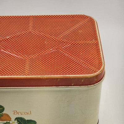 Cheinco Metal Tin Bread Box 13.5x9.5x8"h Strawberries & Leaf Red Lid Vintage MCM
