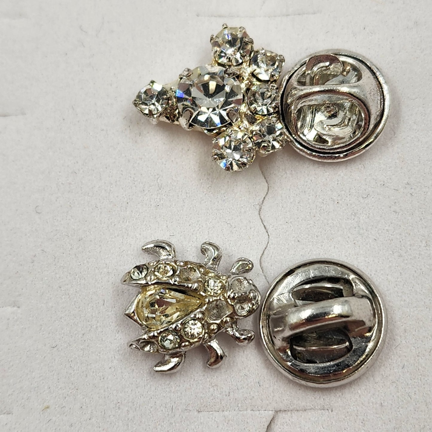 Set of 2 Rhinestone Lapel Pins Silver Tone Ladybug & Cluster Brooch 0.5" Long