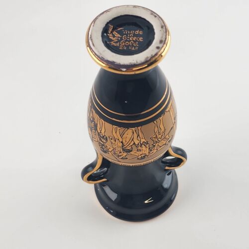 Greek Vase Black 24K Gold Vintage Handmade Mythology Images Marking 6.5" Greece