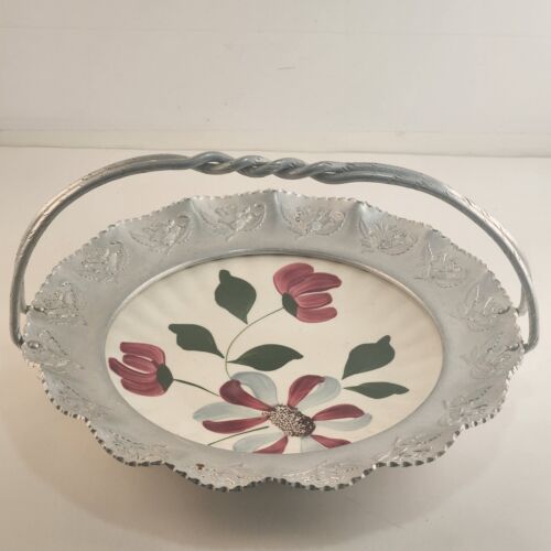 Blue Ridge Pottery Plate in Hammered Aluminum Basket Handle Vintage