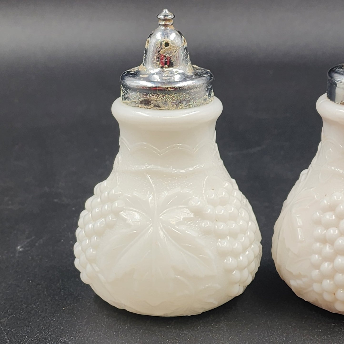Imperial Milk Glass Grape Vine Pattern Large Salt and Pepper Shaker Set Vintage
