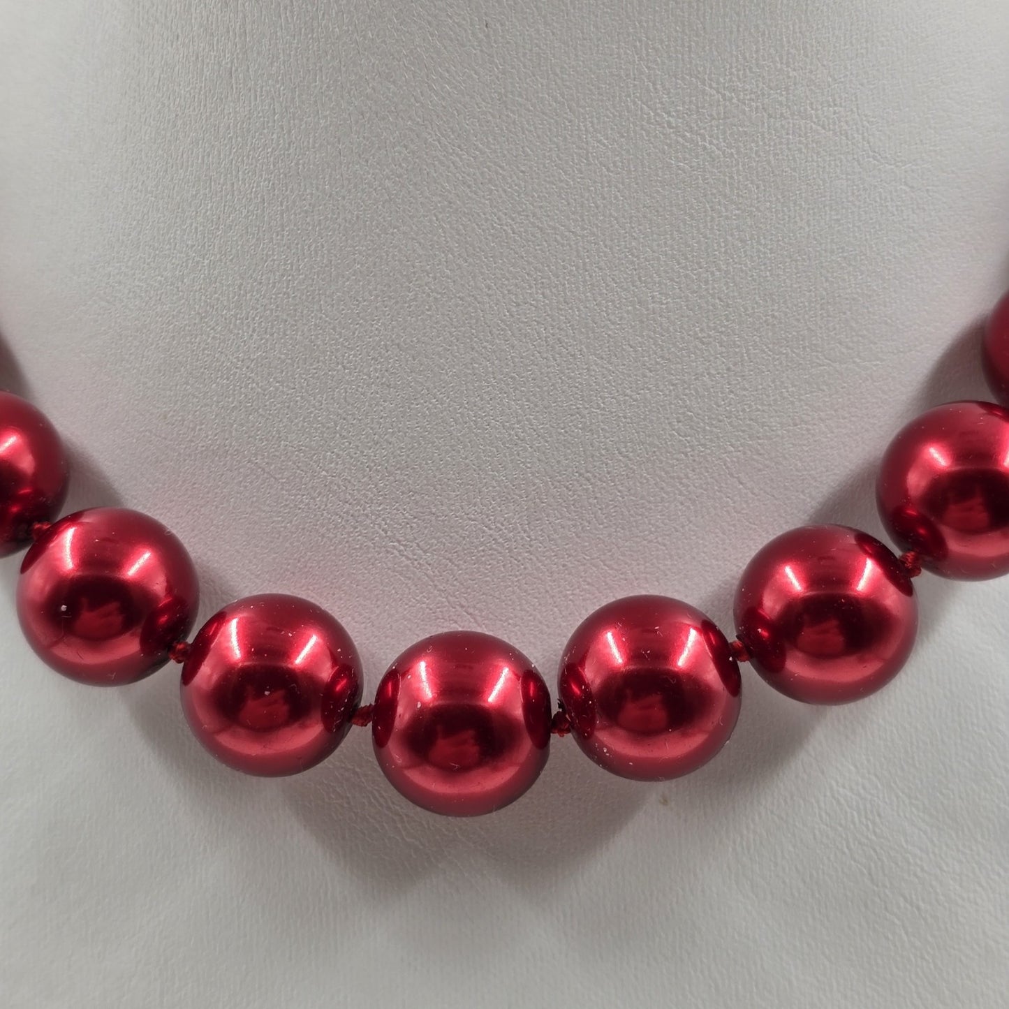 Deep Red Glass Faux Pearl Chocker Beaded in Silver Tone Statement Necklace 8.5"