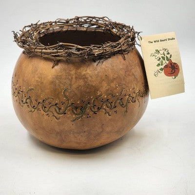 Sun Dried Gourd Bowl Carved Floral The Wild Gourd Studio Lacy Vine Rim 10"x7.5"h