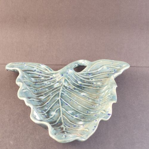 Ken Ocorr Pottery Aqua Blue Green Leaf Shell Trinket Dish Nut/Candy Bowl 10" L