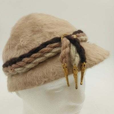 Aloska Cloche Beige Hat w Brown Black Tan Twisted Rope Trim & Gold Tone One Size