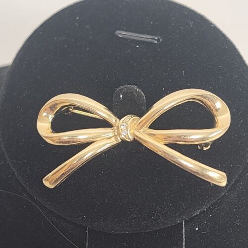 Gold Tone Bow Brooch with Clear Rhinestones 2" x 1.5"