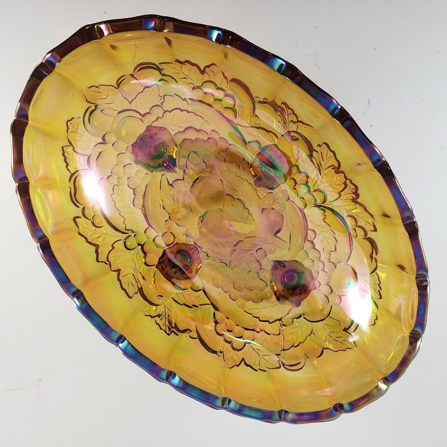 Indiana Marigold Iridescent Carnival Glass Harvest Grape Oval Fruit Bowl 12”