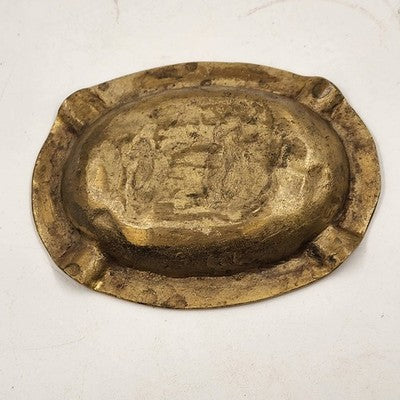 Bronze Brass Ashtray 5.5" Relief Solid Etched Casting Figures Ornate Oval Shape