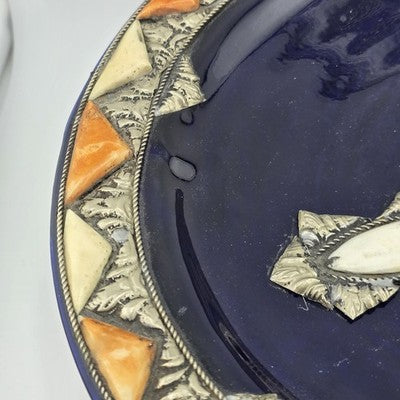 French Ceramic Centerpiece Bowl Cobalt Blue Glaze Silver Hand Carved Shell Inlay