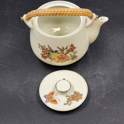 Teapot Set 4 Cups OMC Japan Butterflies Various Flowers w Rattan Handle Vintage